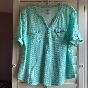 Croft & Barrow Buttoned Henley V-Neck Elbow Sleeve Tee - Petite XL - Teal